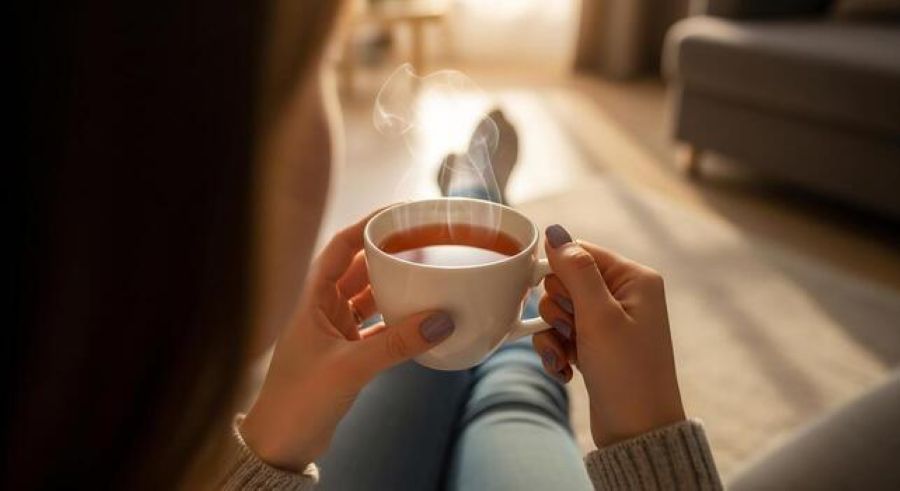 Žena pohodlne sediaca v obývačke so šaálkou čaju v rukách