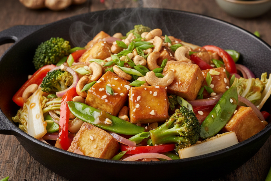 Miska s vegánskym jedlom - tofu s kešu a zeleninou